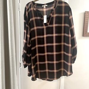 Maurices Black and Brown Boxy Blouse with Mandarin Collar